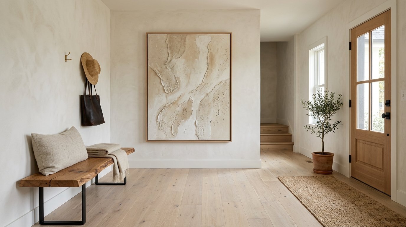Modern foyer with neutral tones, live edge wood bench, and a large abstract textured painting on the wall.