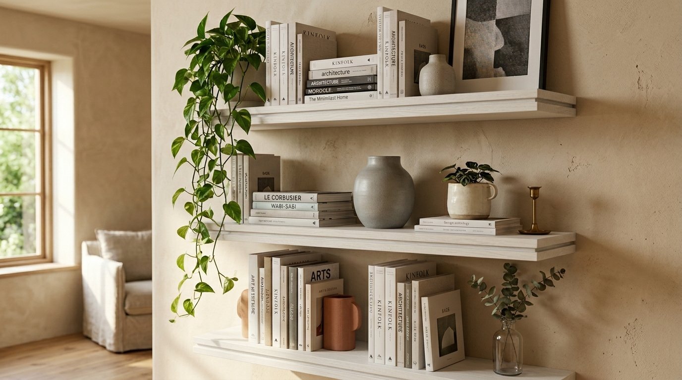 Three light-wood shelves mounted on a beige wall, decorated with books, pottery, and cascading green plants.