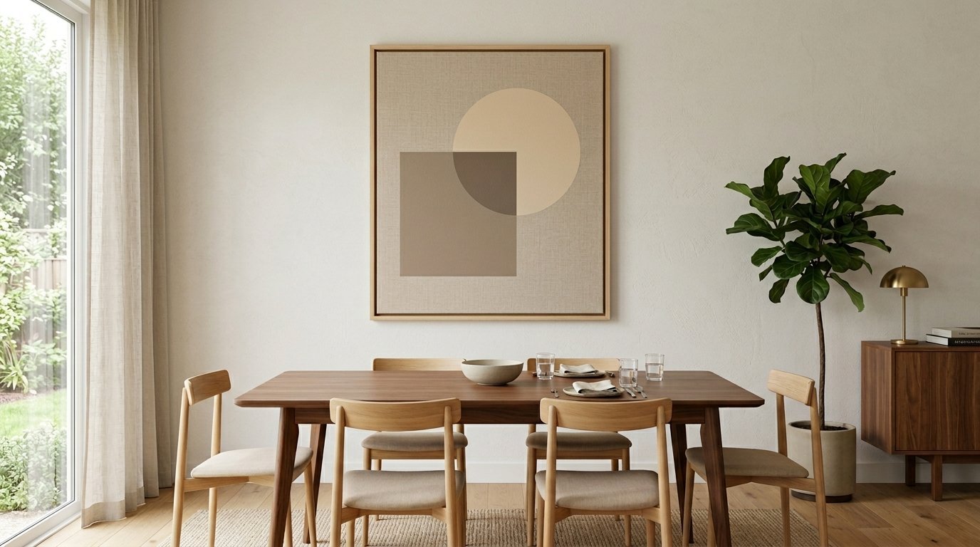 Square beige canvas featuring abstract circle and square shapes mounted on a wall near a potted fiddle leaf fig plant.