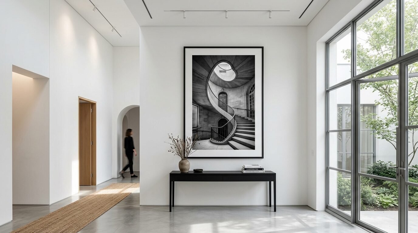 A person walks through a white corridor past a console table featuring a framed photo of a spiral staircase.