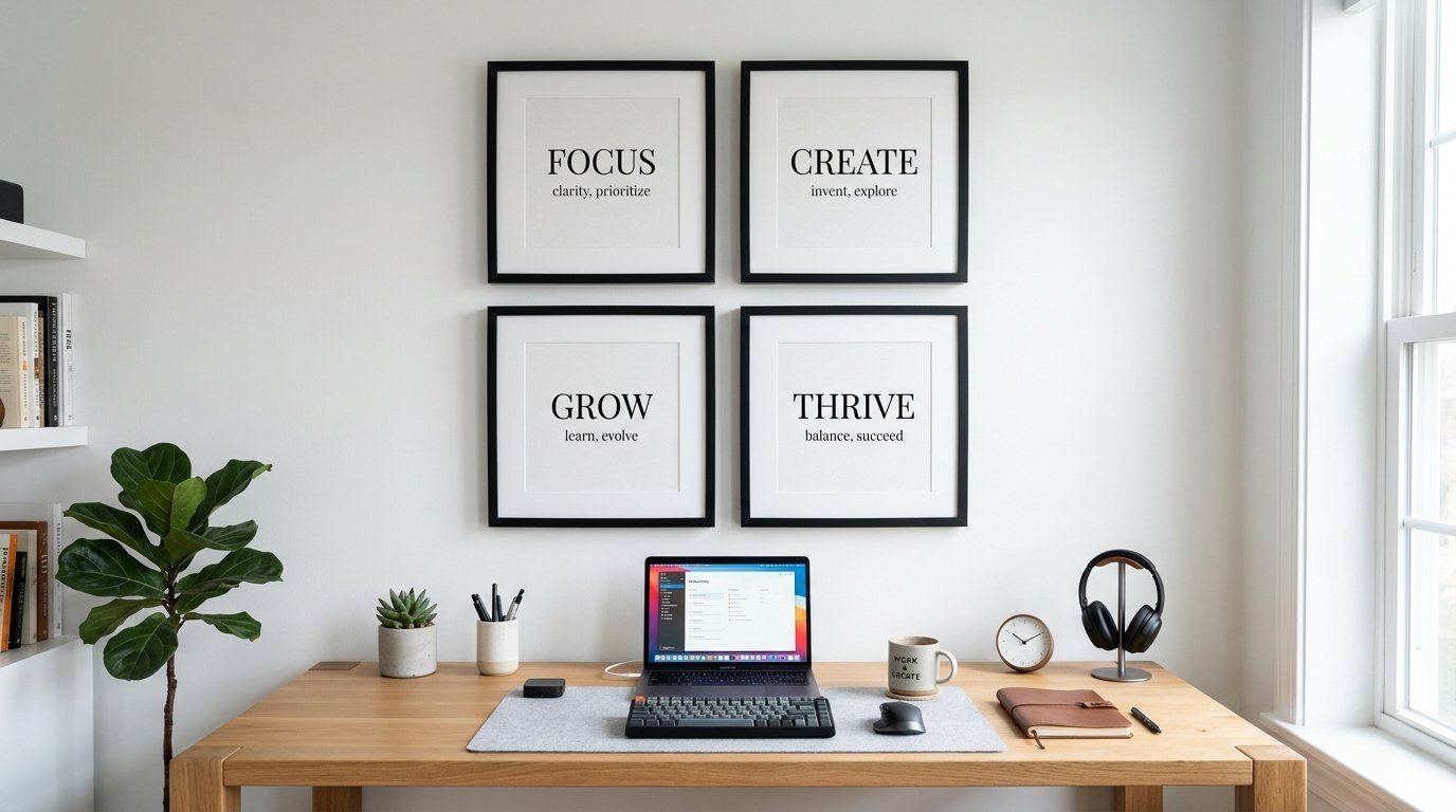 A tidy wooden office desk with a laptop, mechanical keyboard, plant, and four framed prints featuring positive keywords.
