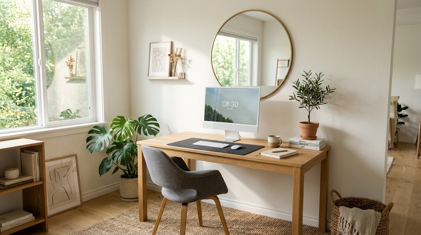 Modern wooden desk with computer, desk mat, and houseplant in a bright, minimalist home office space.