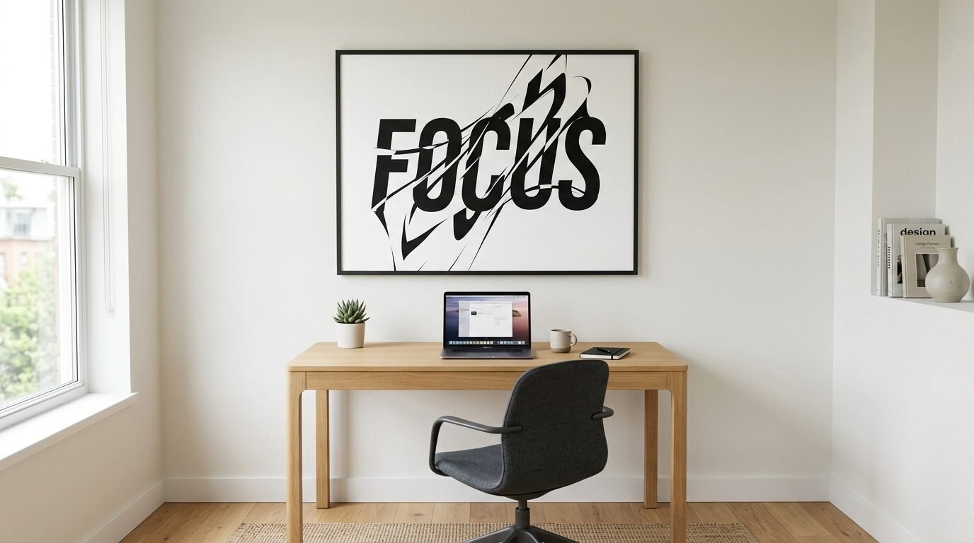 A wooden desk with a laptop and succulent below a black and white framed wall poster that says focus.
