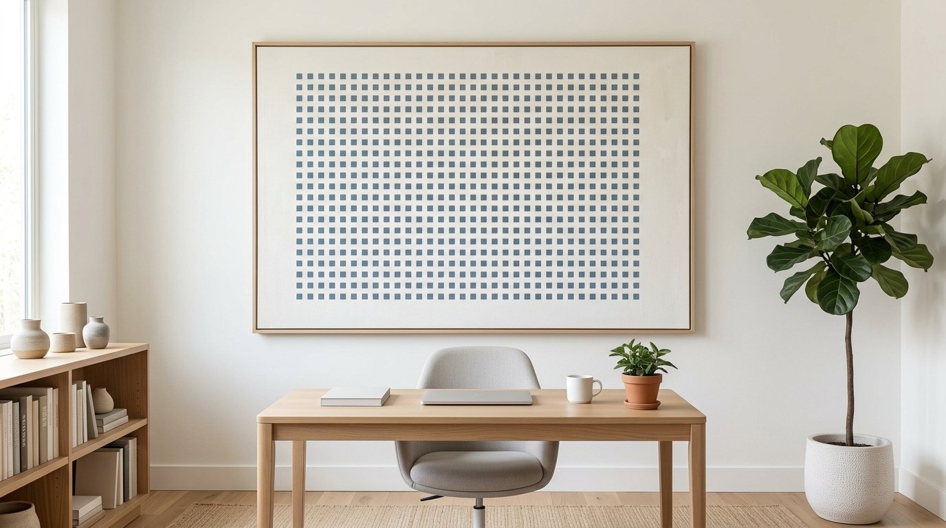 A tidy wooden desk with a laptop and potted plant sits below a large framed painting of a blue grid pattern.