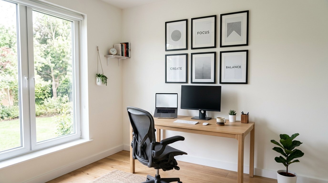 A modern workspace with a wooden desk, ergonomic chair, computer setup, and inspirational wall art.