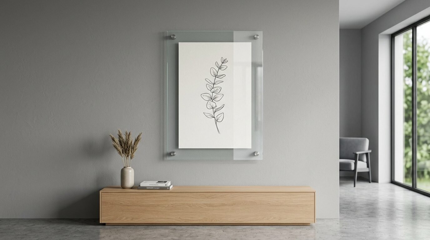 A black and white line art sketch of a leaf branch inside a modern glass mounting on a grey wall.