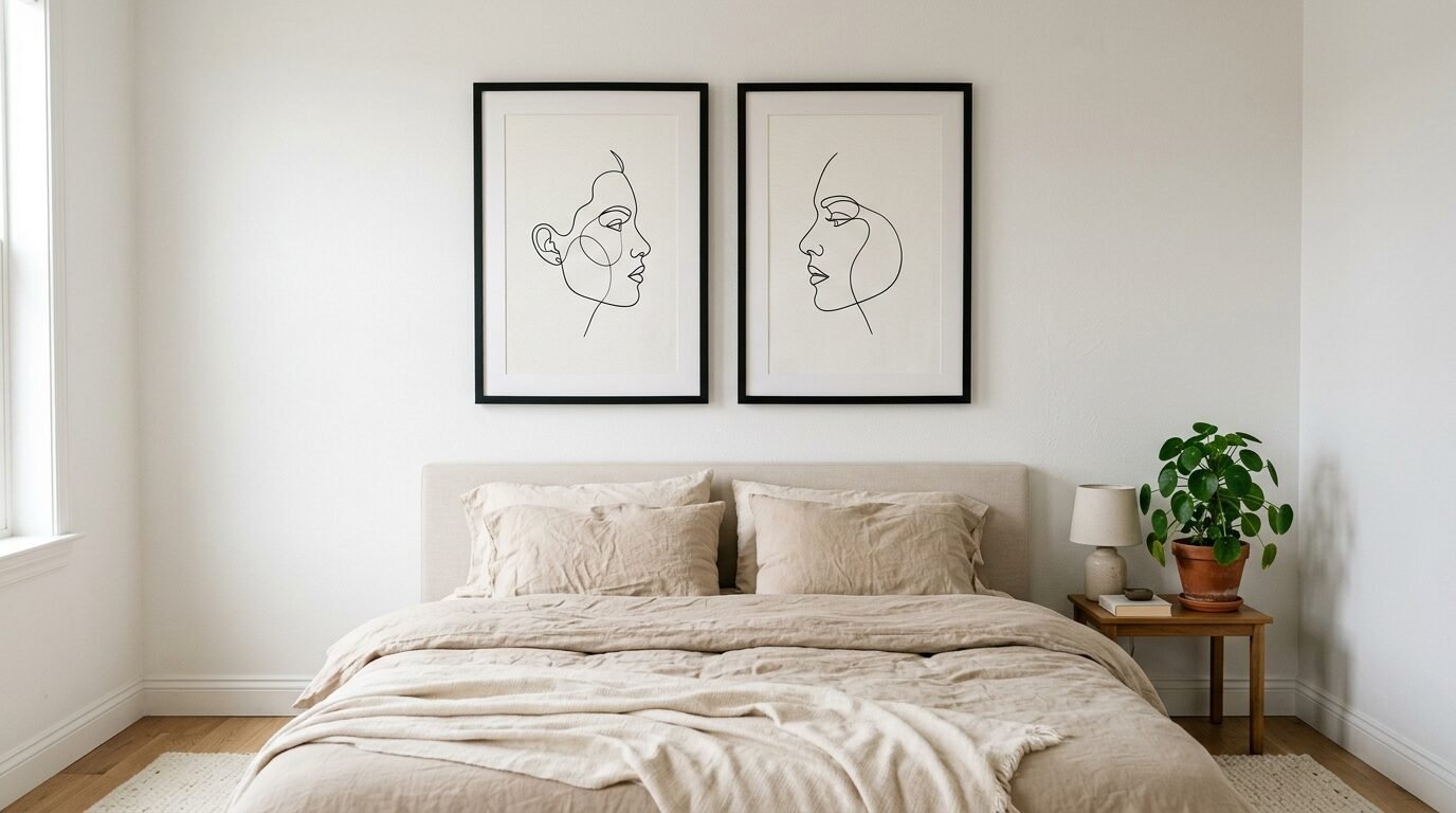 Two framed abstract faces in line art style hanging on a plain white bedroom wall over a neutral-toned bed.