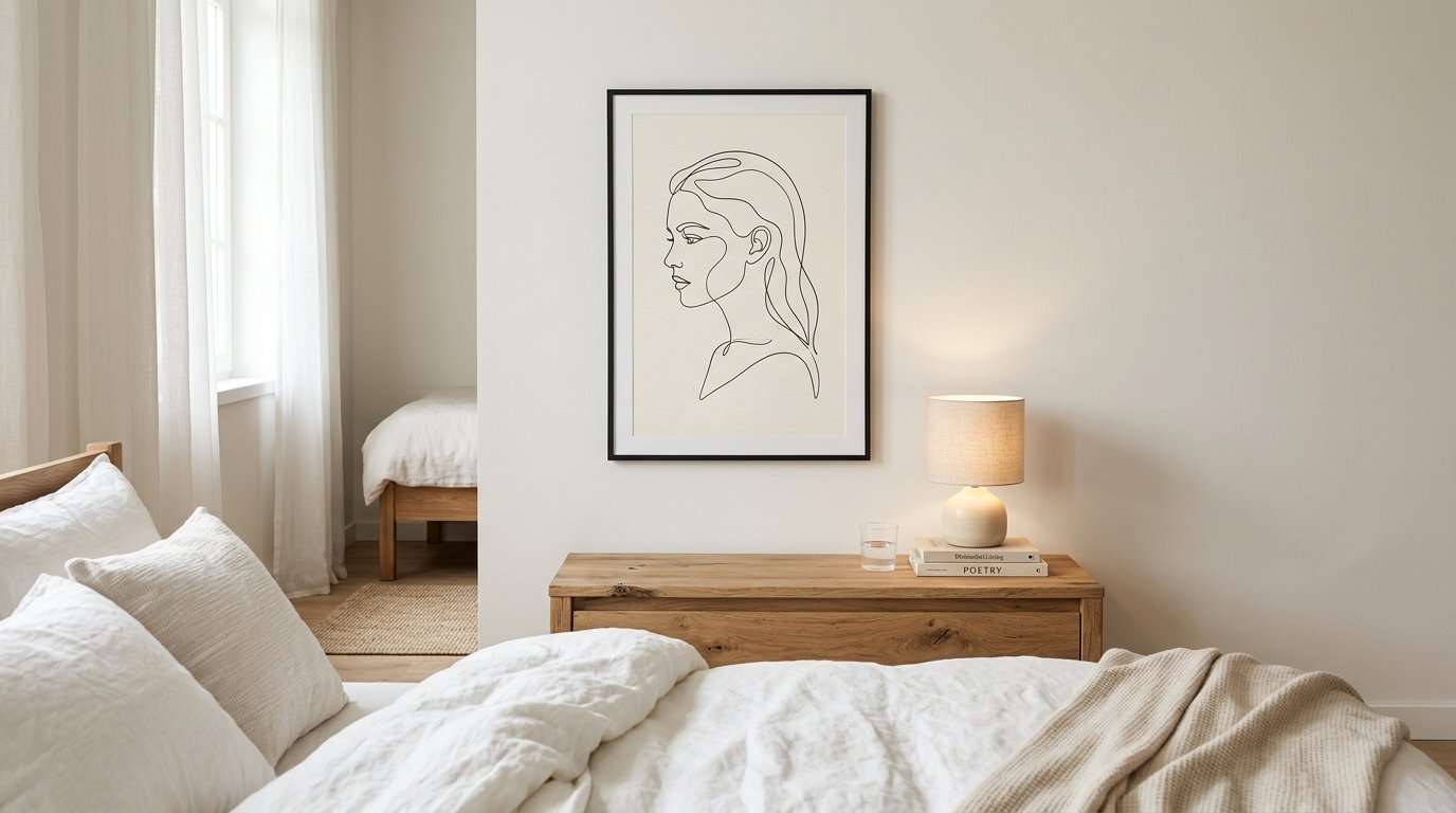 Minimalist black line art of a woman's profile in a black frame above a wooden dresser.