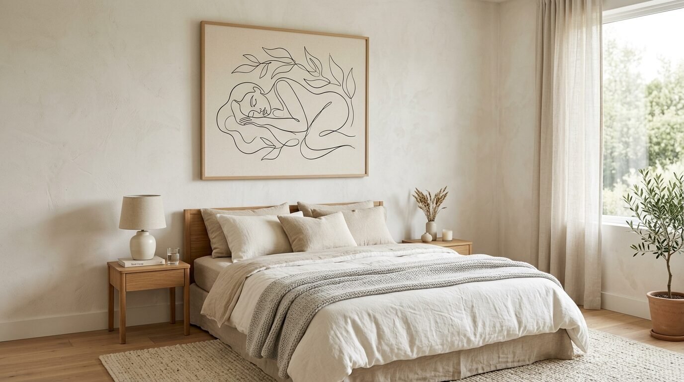 Modern bedroom with beige linen bedding and a large line art print of a woman sleeping on the wall.