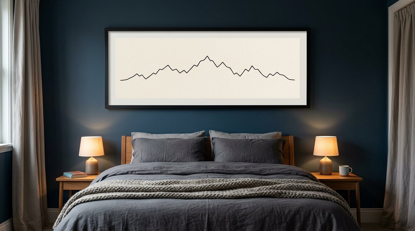 Black and white mountain peak illustration centered over a charcoal grey bed in a dark blue room.
