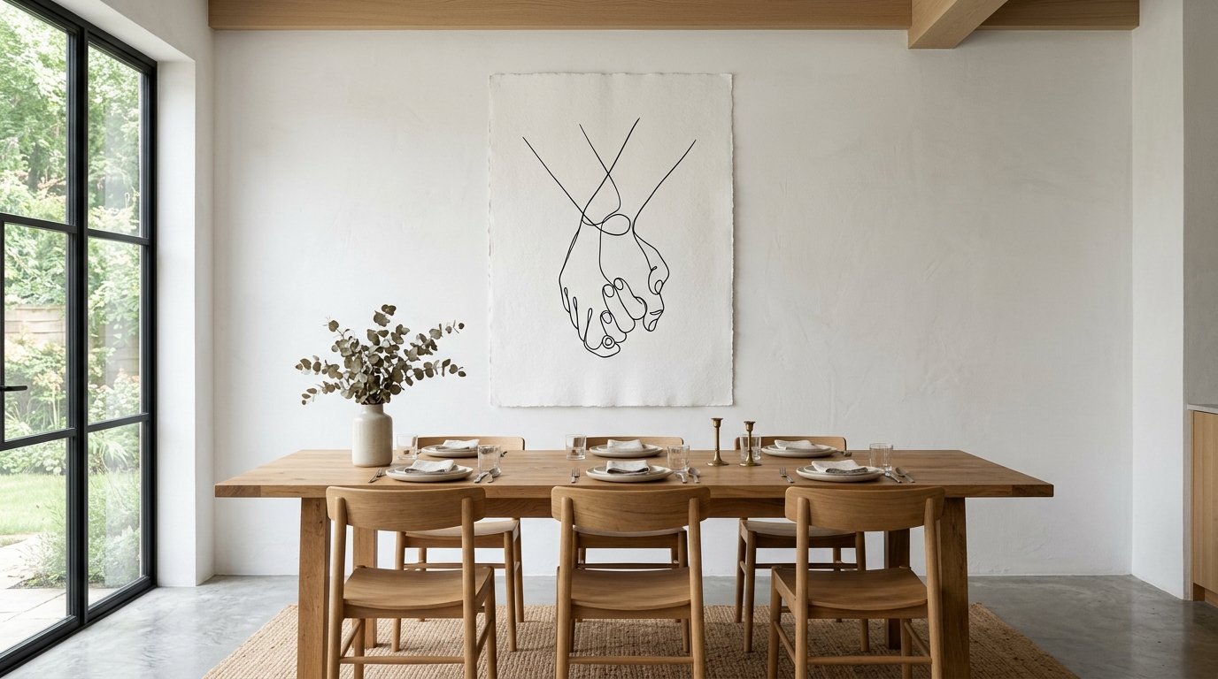 Single line sketch of hands holding art piece hanging on a white wall in a modern dining room.