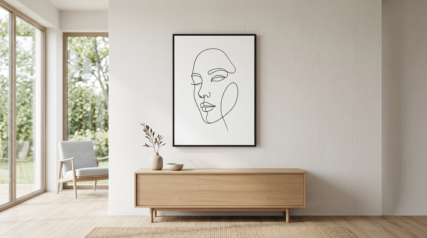 A black frame holding a simple line art portrait of a woman hanging above a light wood media cabinet.