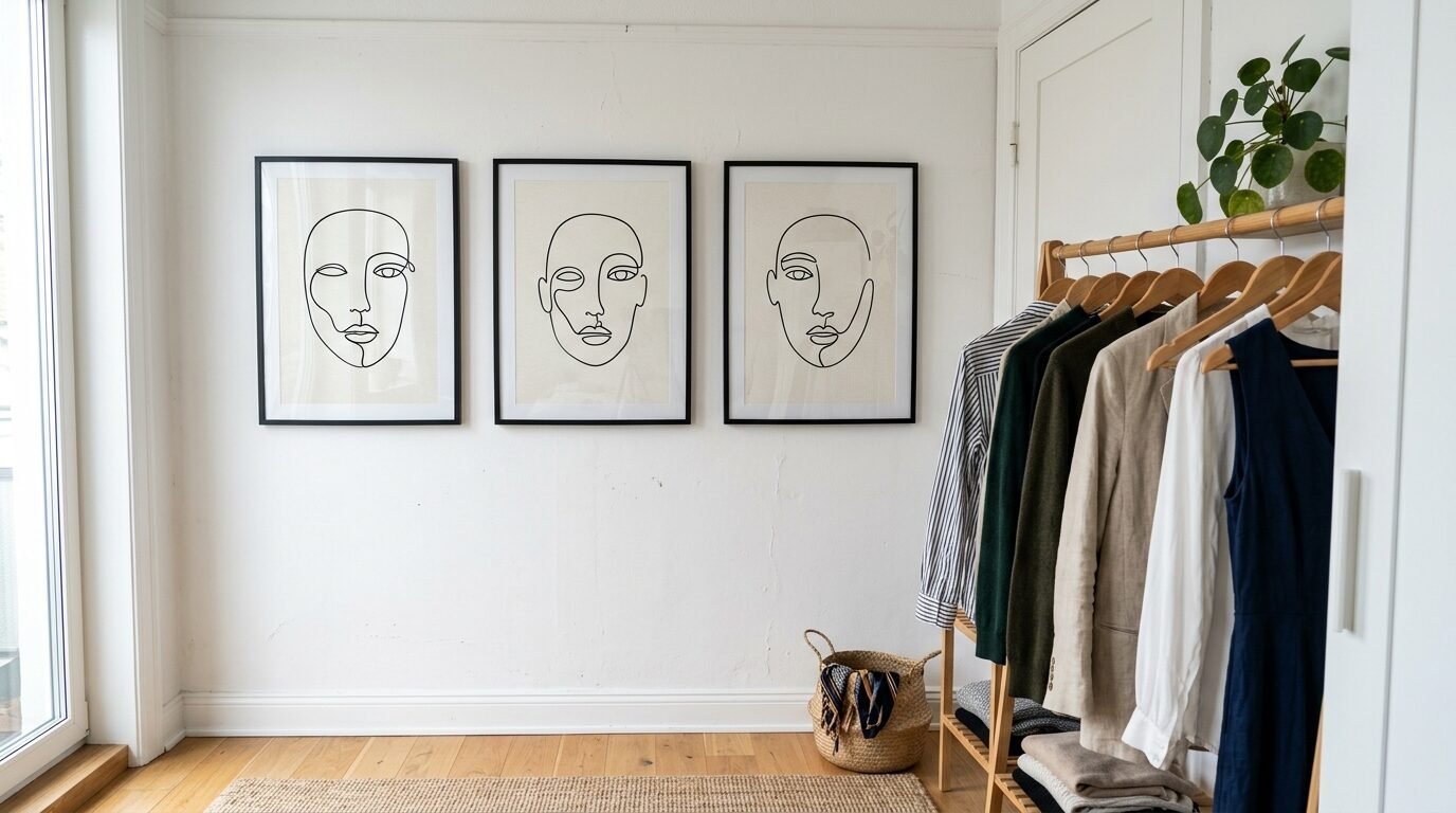 A trio of framed black and white continuous line portraits hanging above a wooden clothing rack.