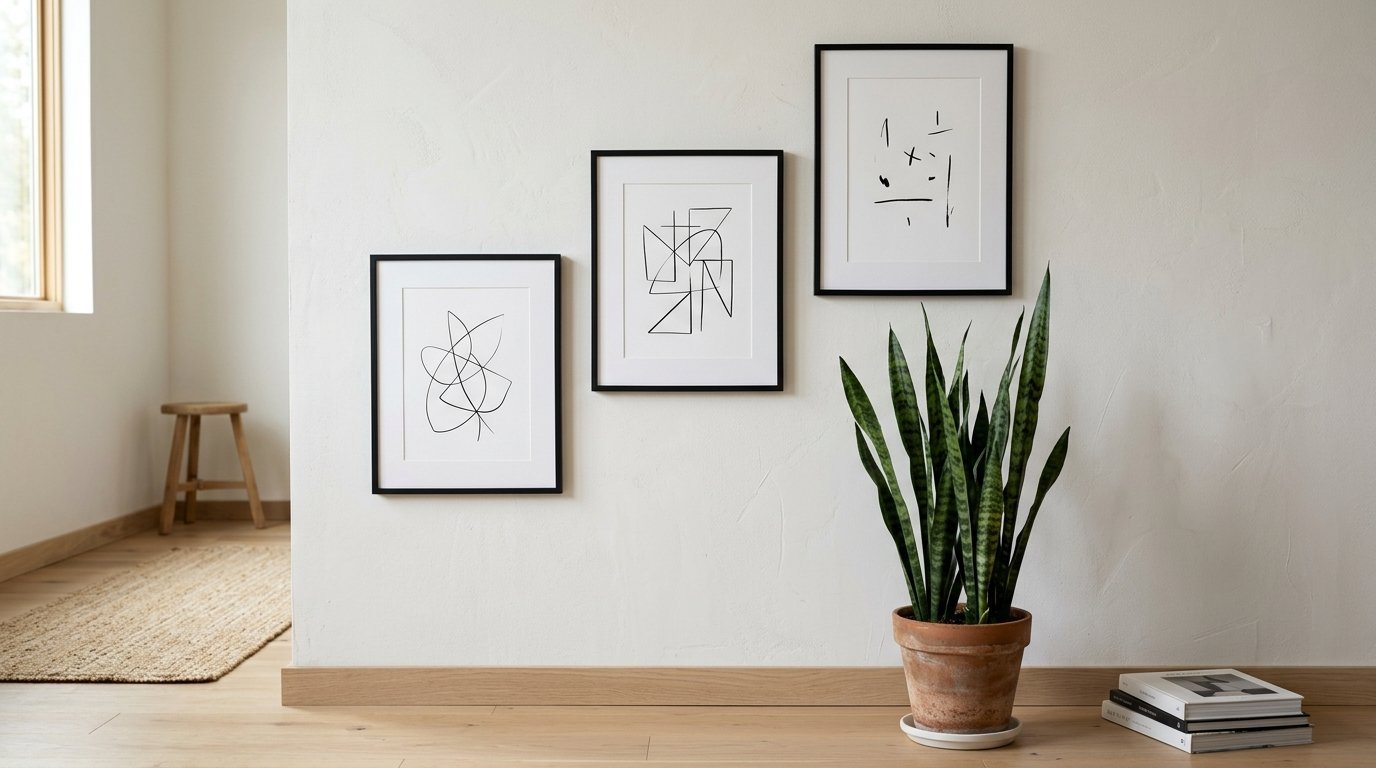 Set of three modern black-framed sketches hanging above a potted snake plant on a light wooden floor.