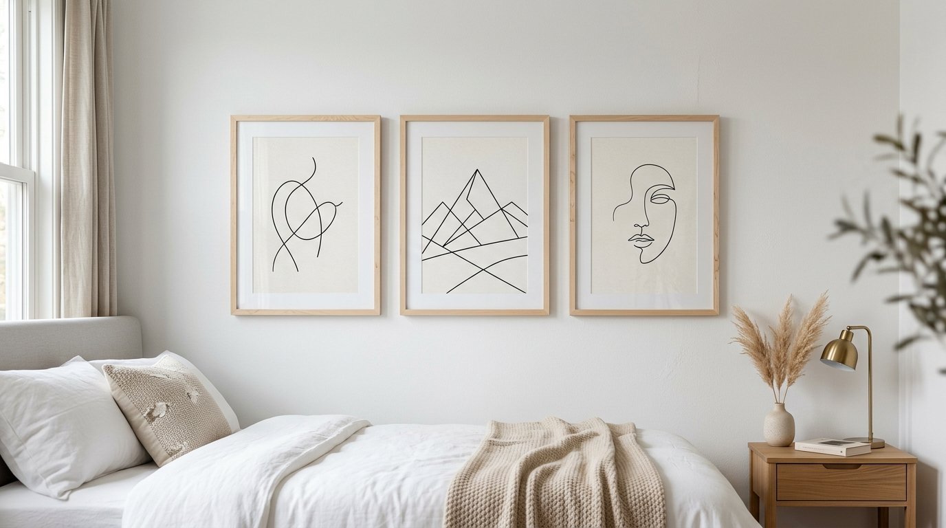 Neutral bedroom with a trio of abstract geometric and face line art prints hung in light wood frames on a white wall.