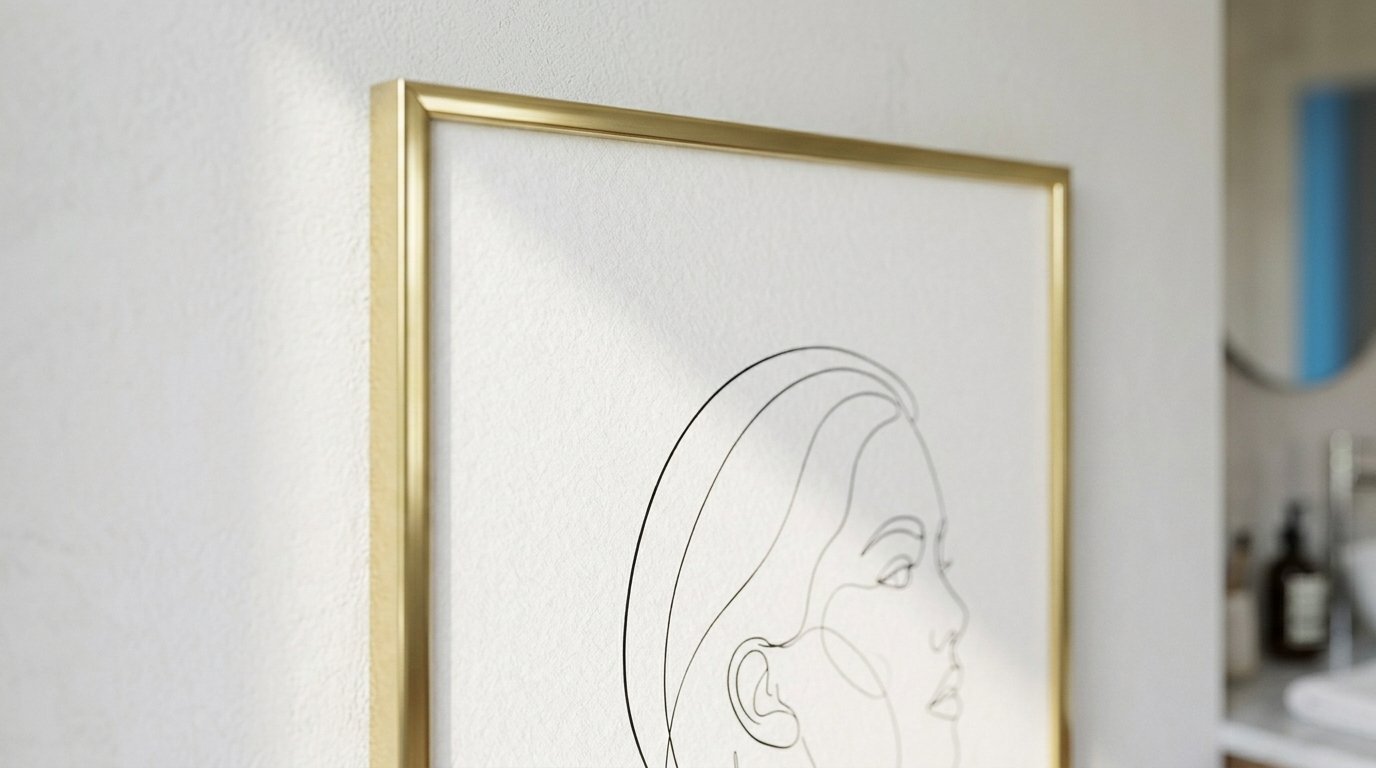 Close-up of framed abstract portrait line art hanging on a white bathroom wall.