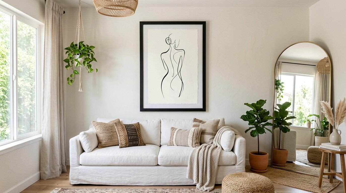 White sofa with textured throw pillows sits below a large framed line drawing of a woman's back.
