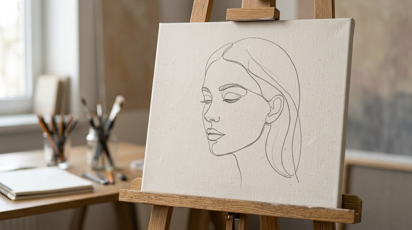 Close up of a female face outline drawing on a canvas resting on an artist easel.