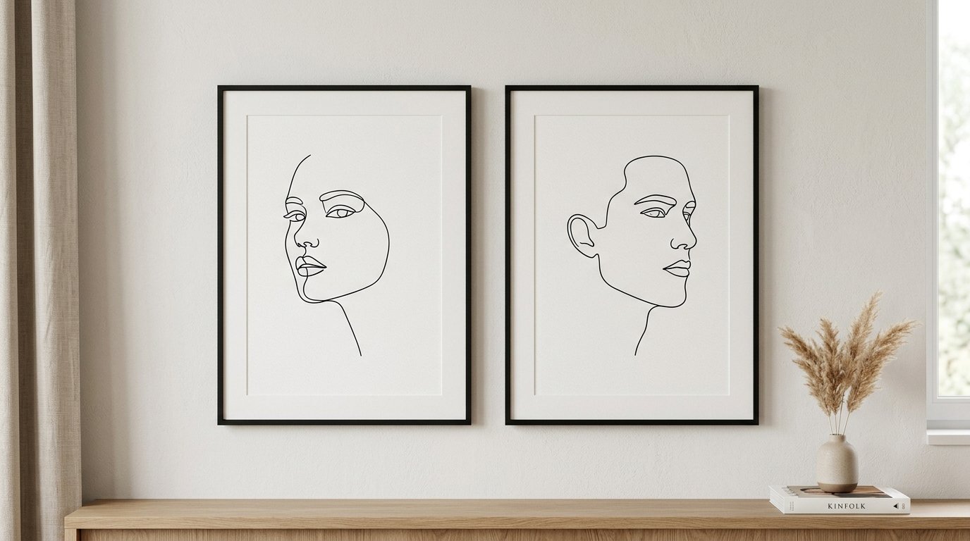 Two framed single-line drawings of human faces hanging above a wooden console table with a dried flower vase.