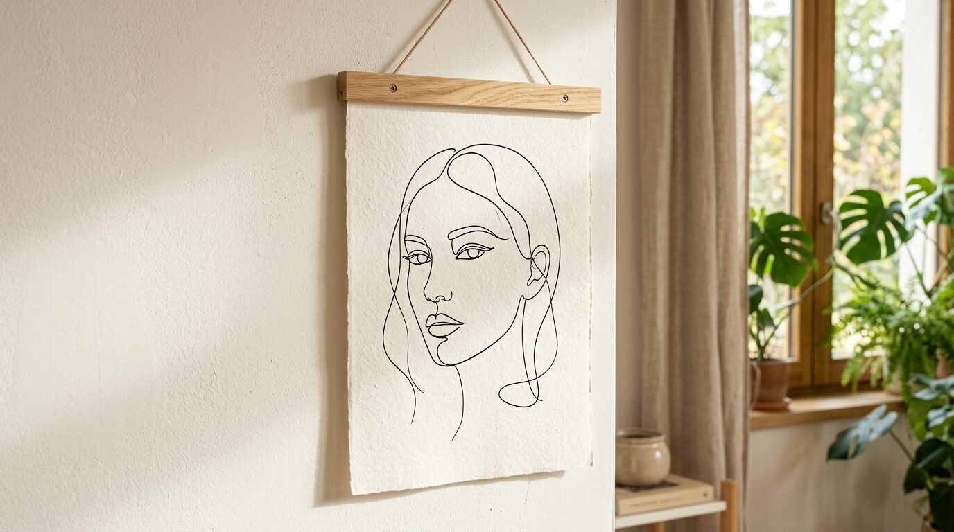 A black continuous line drawing of a woman's face hanging on a white wall with wooden rails.