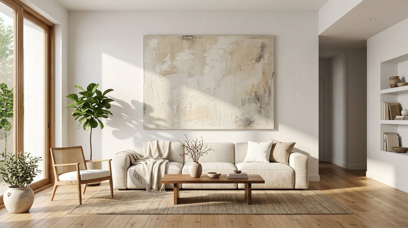 Bright living room with a beige sofa, wooden coffee table, and large textured neutral painting on the wall.