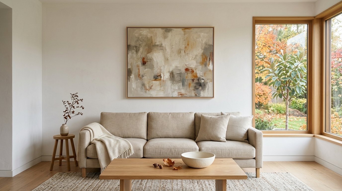 A beige couch with a textured throw blanket sits below a large abstract painting in a bright, modern interior.