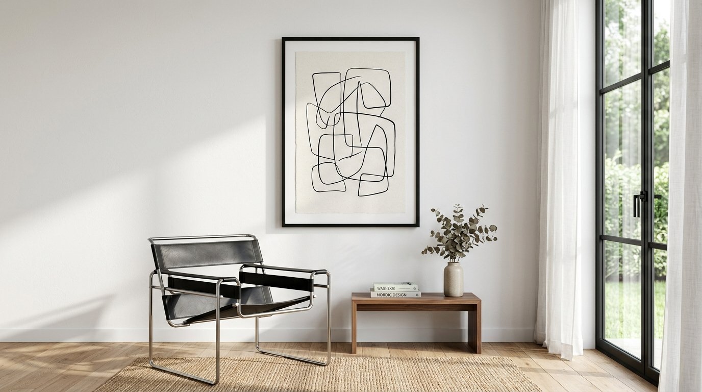 A black leather Wassily style chair stands next to a wooden bench with books and a plant under abstract framed wall art.