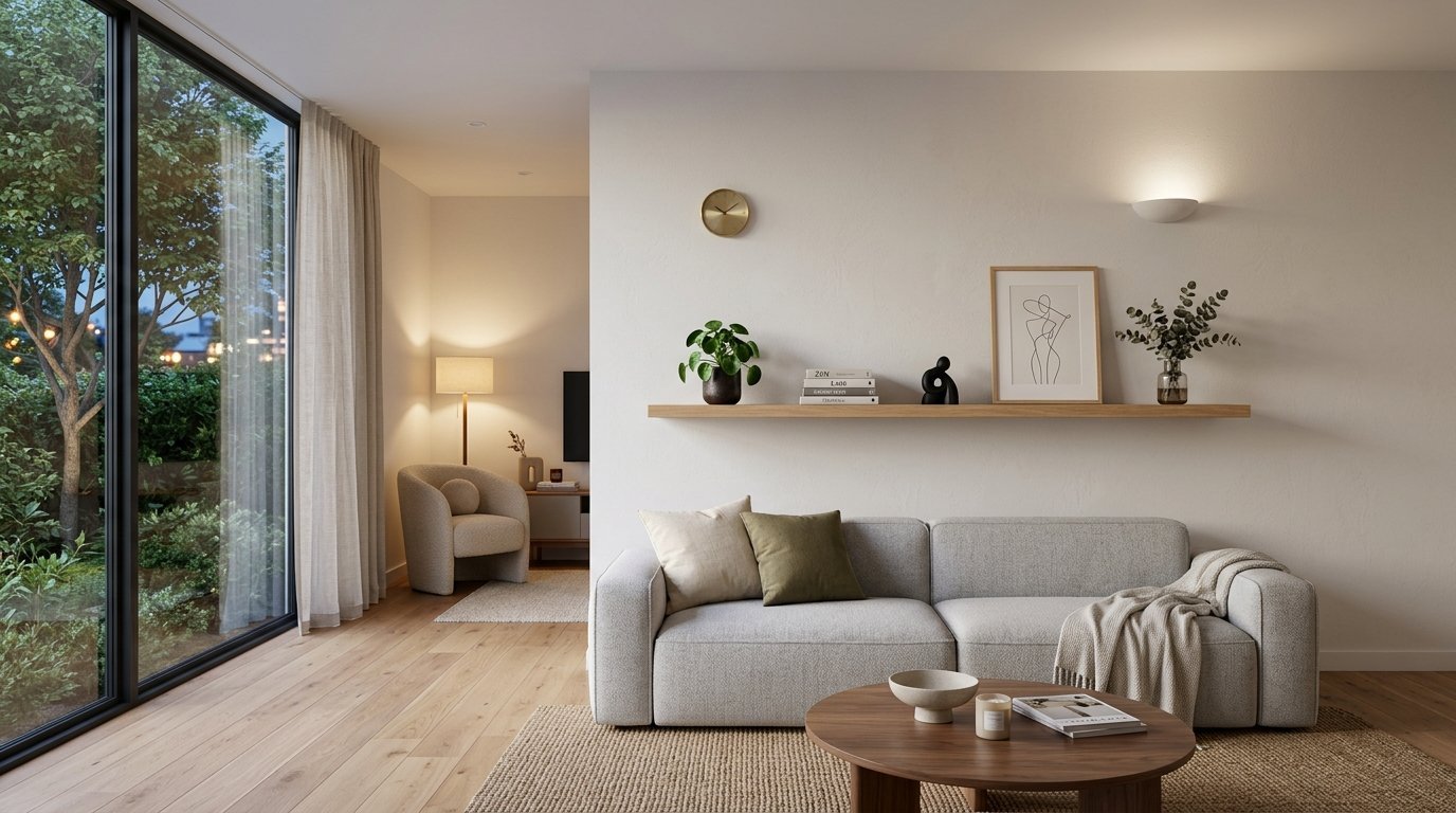 Modern living room with a grey sofa, wooden coffee table, and a floating shelf styled with books and minimalist art.