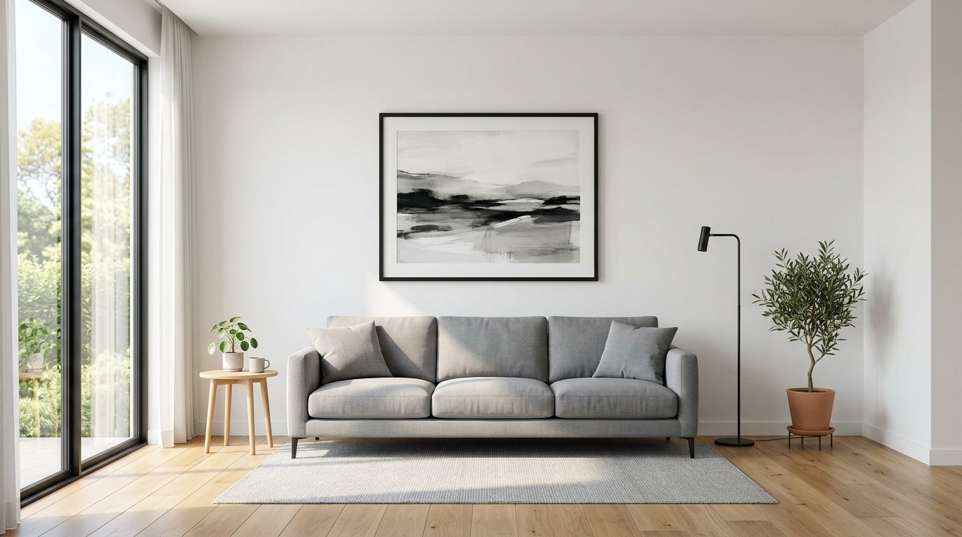 Minimalist grey couch with accent pillows sits below a large framed monochrome landscape painting on a white wall.