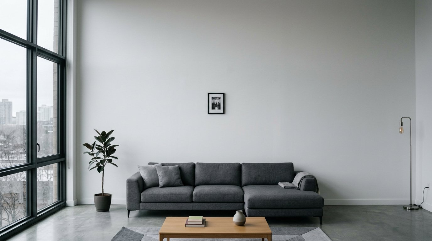 Modern dark grey sectional sofa in a minimalist room with a small framed picture on a large white wall.