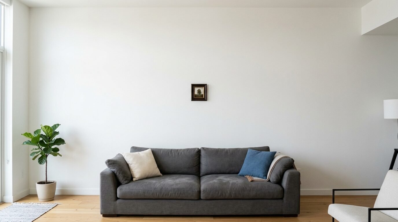 Modern charcoal couch with cream and blue pillows sits under a small framed tree painting on a white wall.