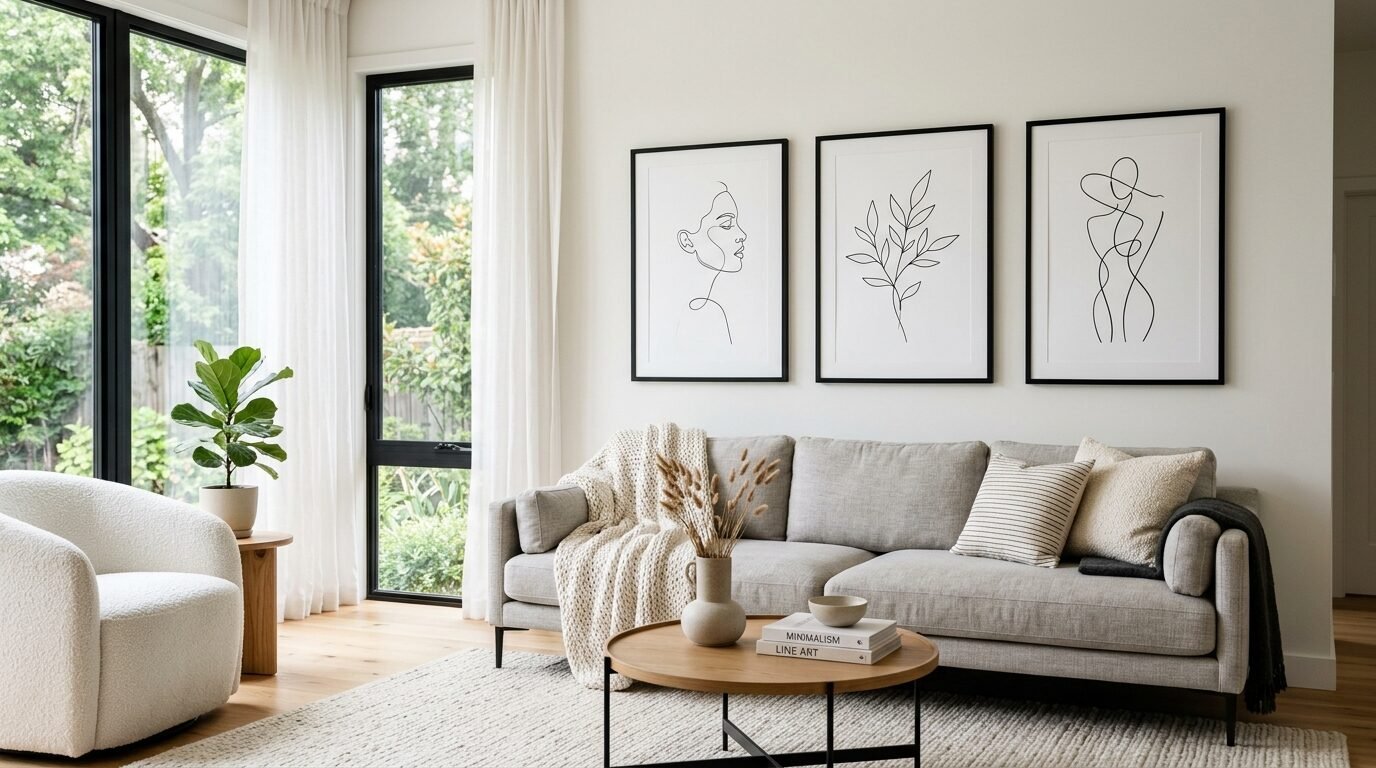 Contemporary living room with a grey sofa, boucle armchair, and three framed minimalist line art wall decorations.