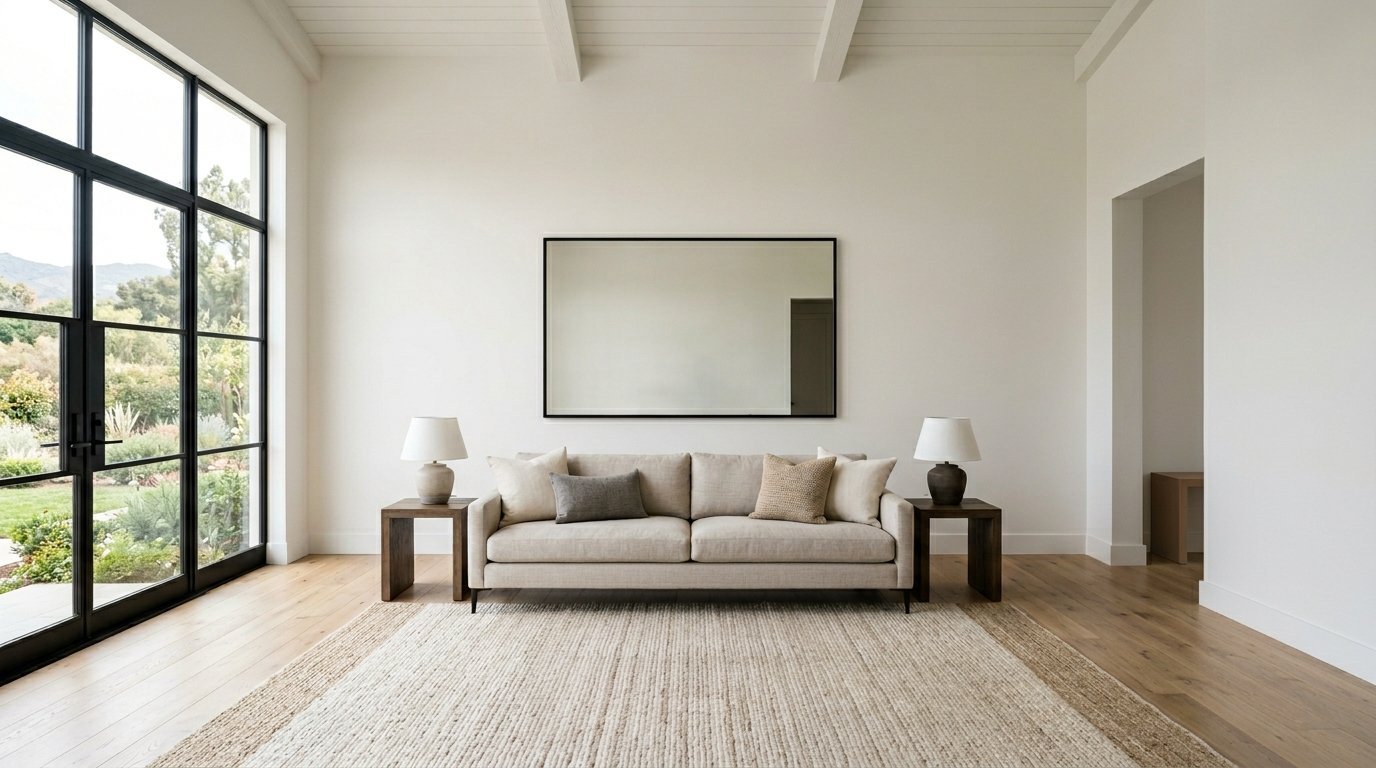 Neutral toned sofa with throw pillows between two side tables with lamps in a bright sunlit room.