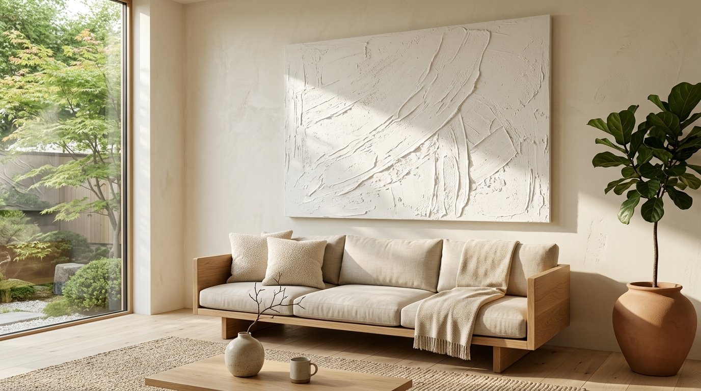 A cream sofa sits below a large white impasto painting in a room with a large window and a potted fig tree.