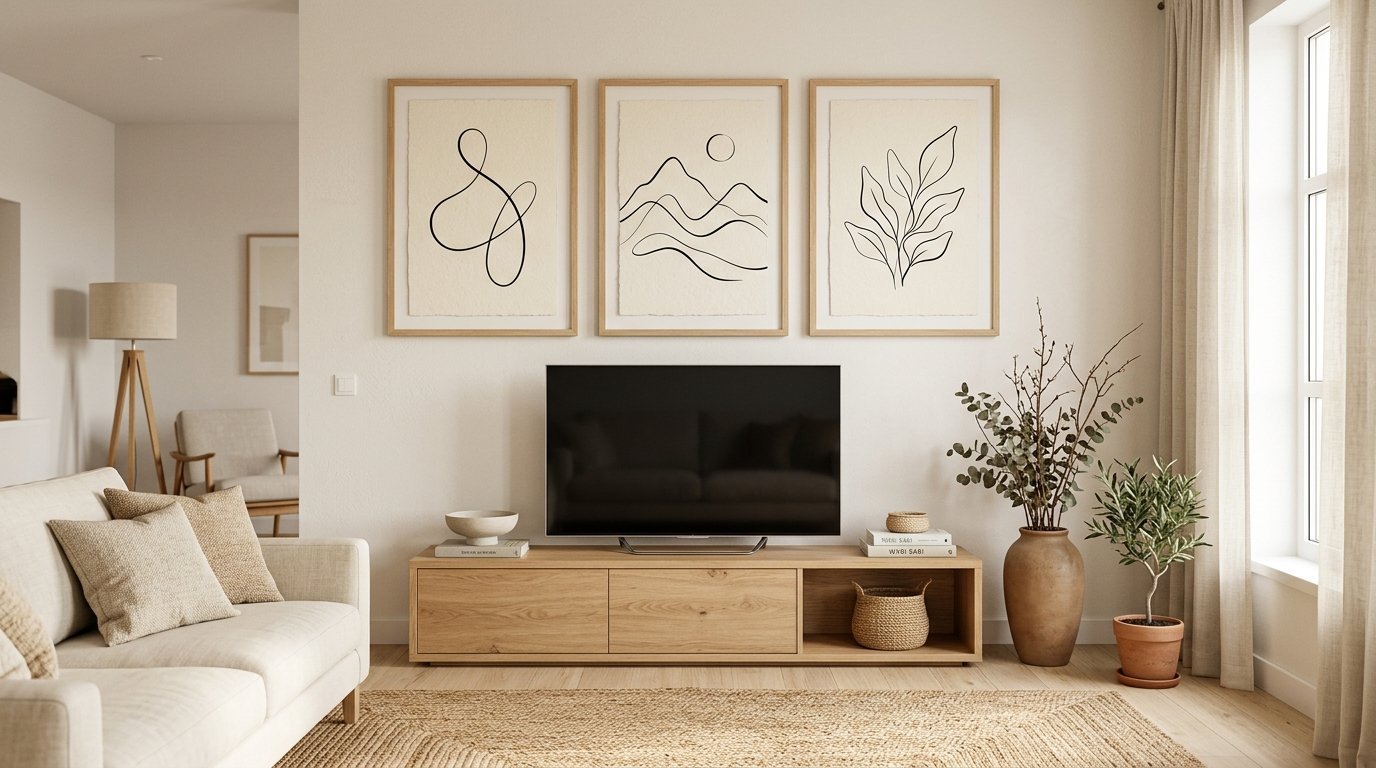 A beige living room featuring a trio of abstract black line drawings hanging above a light oak media unit.
