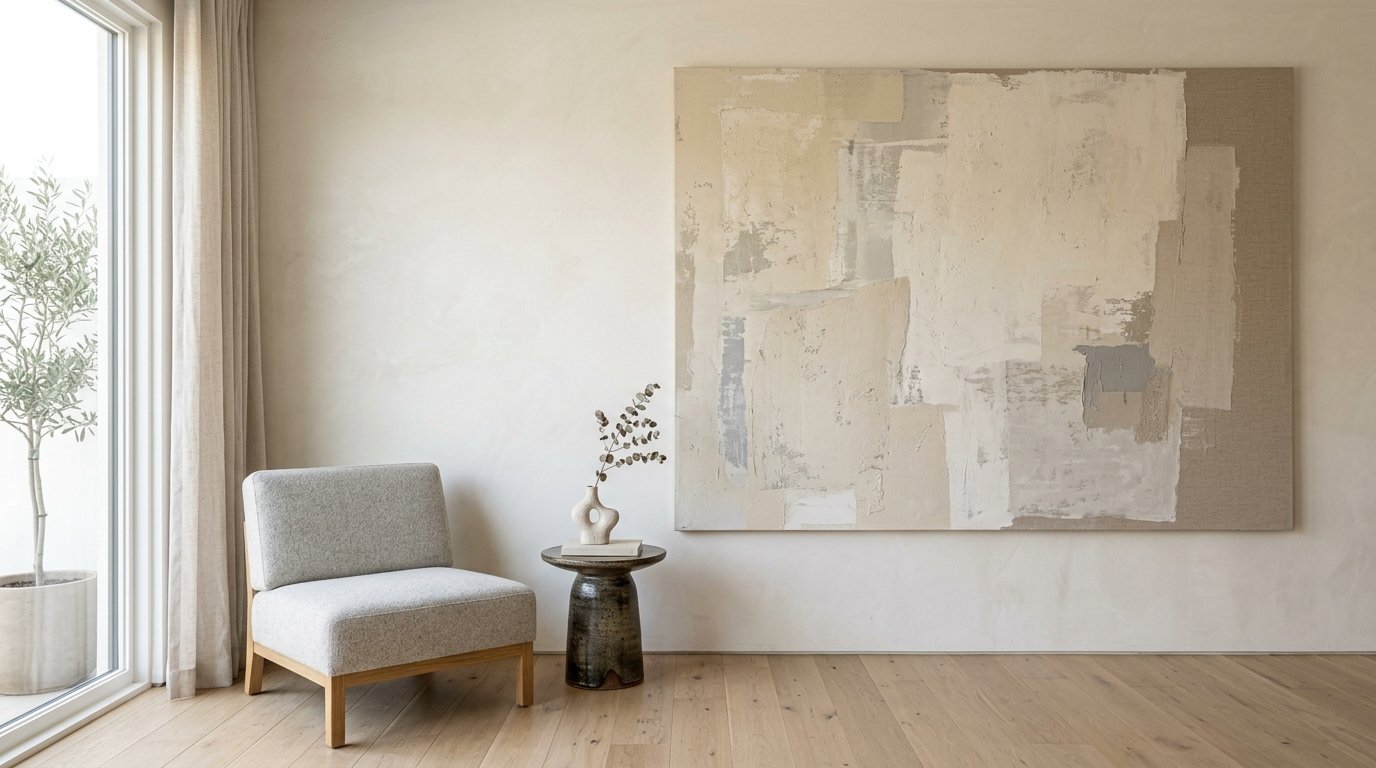 Neutral toned living room with a grey accent chair, small pedestal table, and large textured abstract wall art.