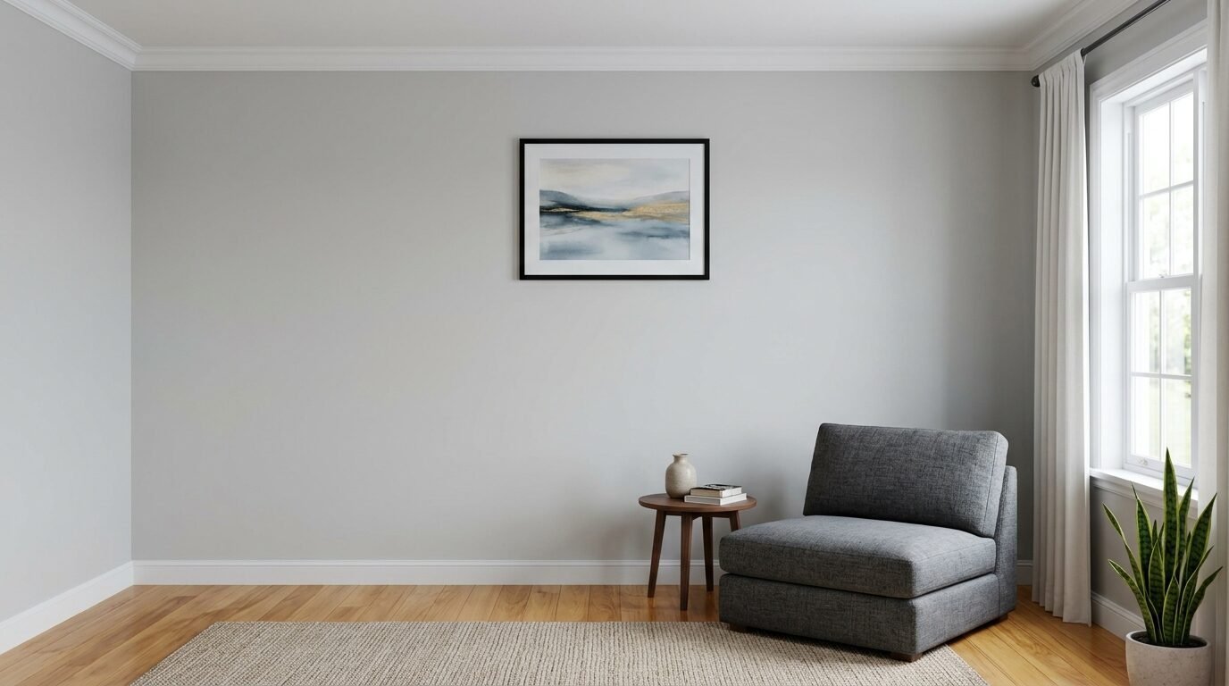 Grey accent chair and small side table in a bright room featuring an abstract landscape framed wall print.