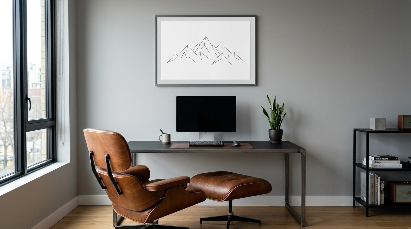 A desk with a computer and lounge chair sits under a framed linear mountain range drawing on a grey wall.