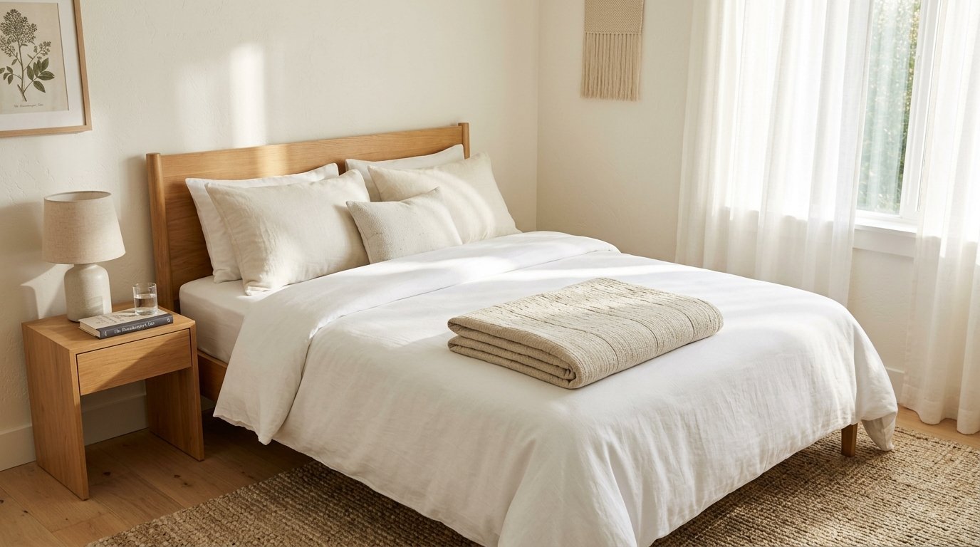 A light oak bed in a sunlit room with white sheets and a textured tan throw blanket on a jute rug.