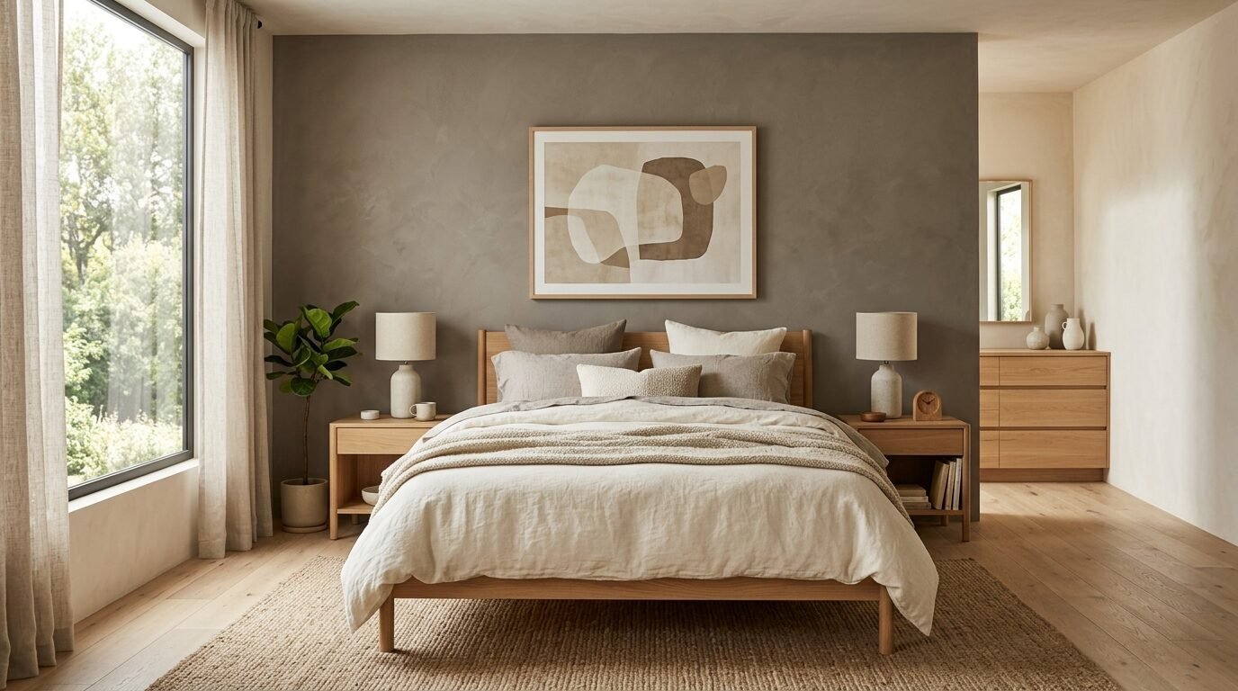 Modern wooden bed featuring neutral bedding and table lamps against a textured taupe wall with abstract art.