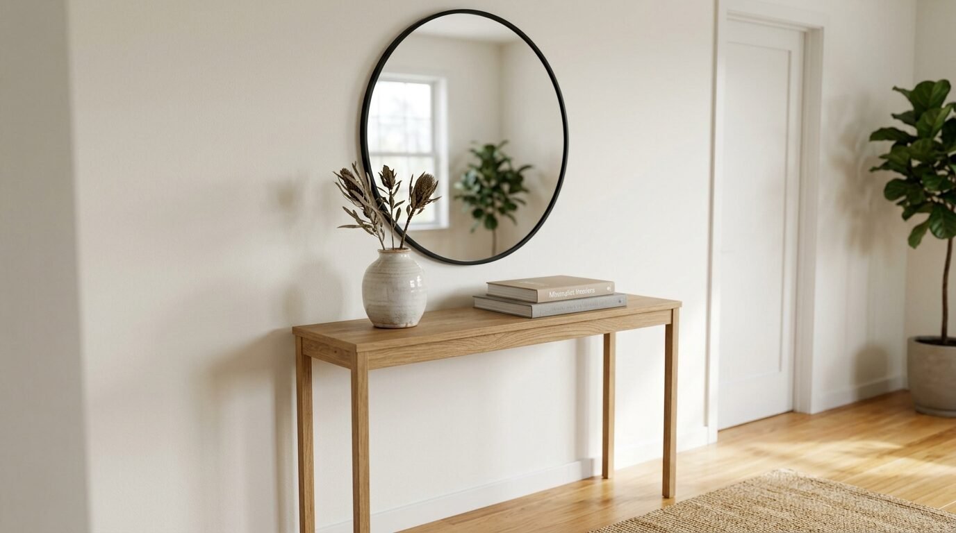 A wooden console table holding a vase of dried flowers and stacked books under a round black-framed wall mirror.