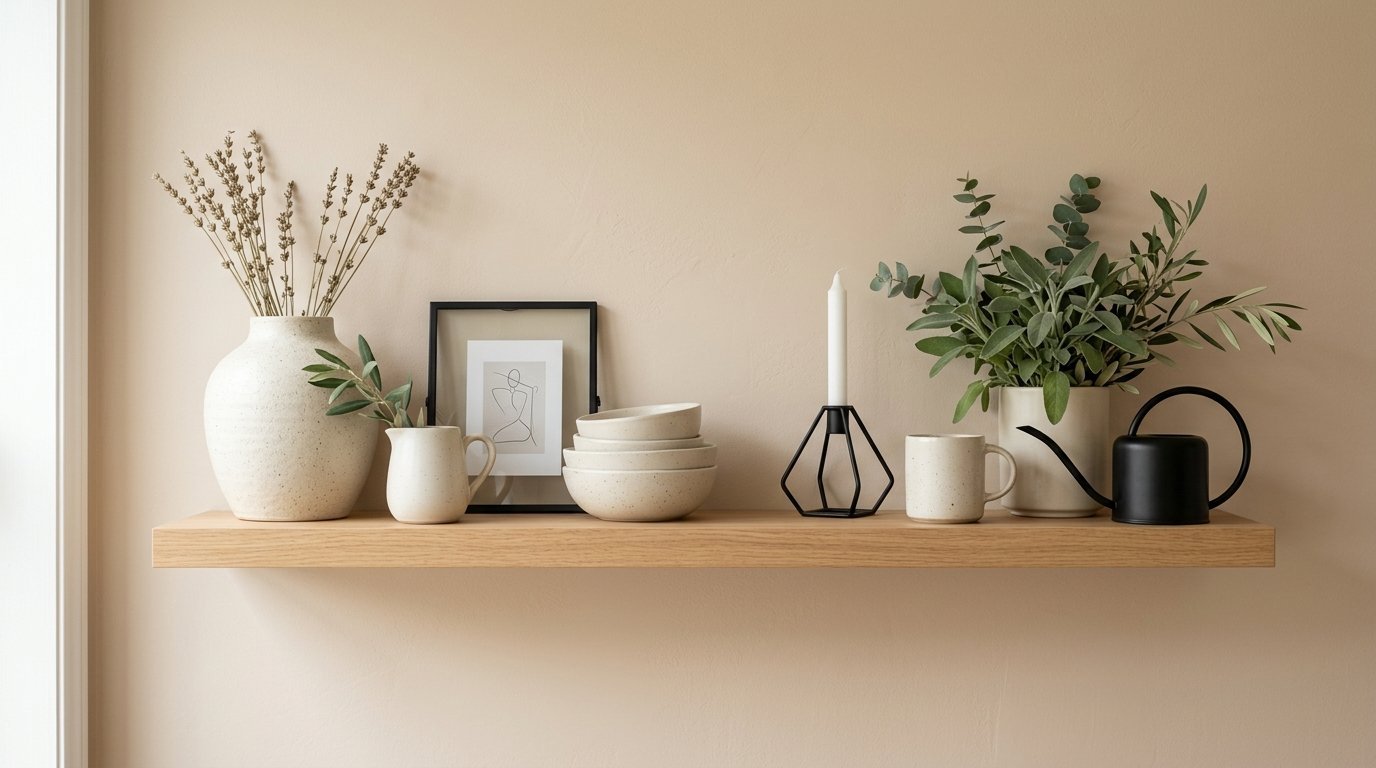 A wooden shelf against a beige wall featuring dried flowers, ceramic bowls, a line art frame, and greenery.