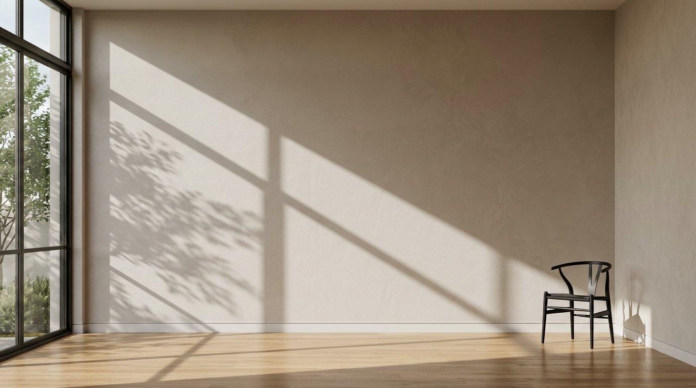 A black wooden designer chair sits on light wood flooring against a plain beige wall with dramatic natural sunlight.