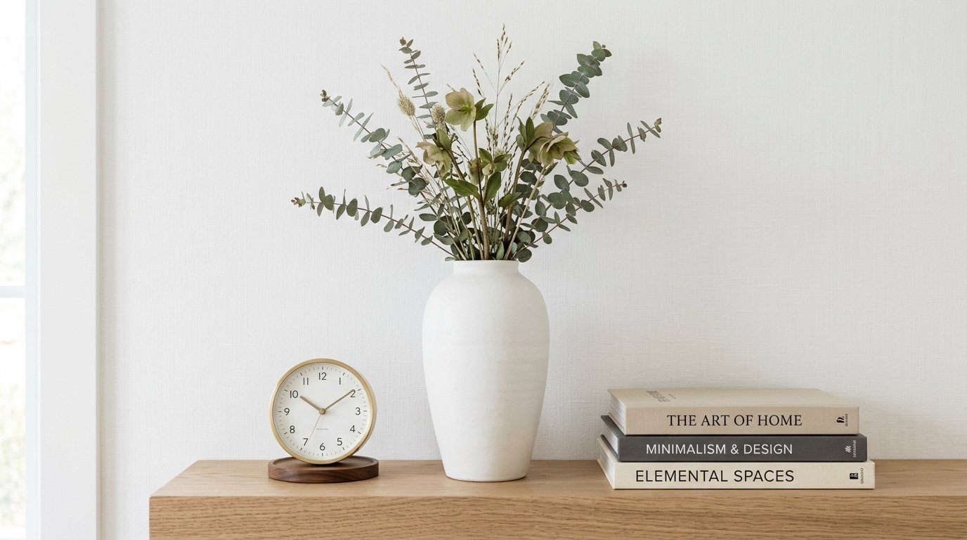 White ceramic vase with eucalyptus branches next to a small desk clock and stacked design books on a wooden shelf.