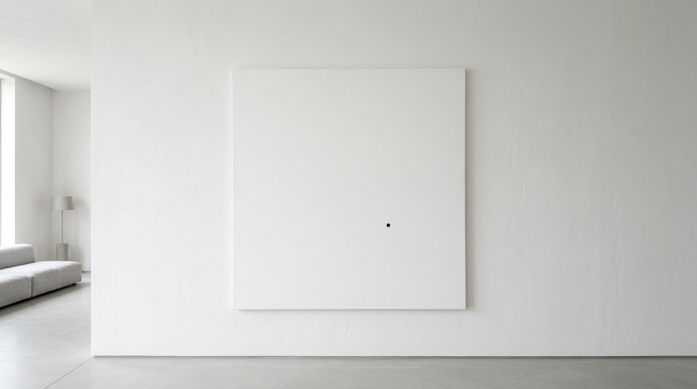 Minimalist art featuring a tiny black circle on a large white square frame hanging on a stark white wall.