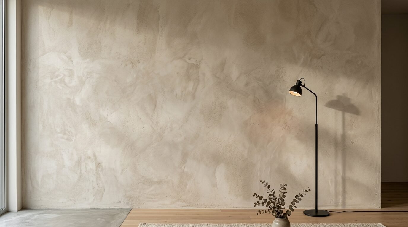 A beige plaster wall with natural texture next to a thin black floor lamp and a small plant in a ceramic vase.