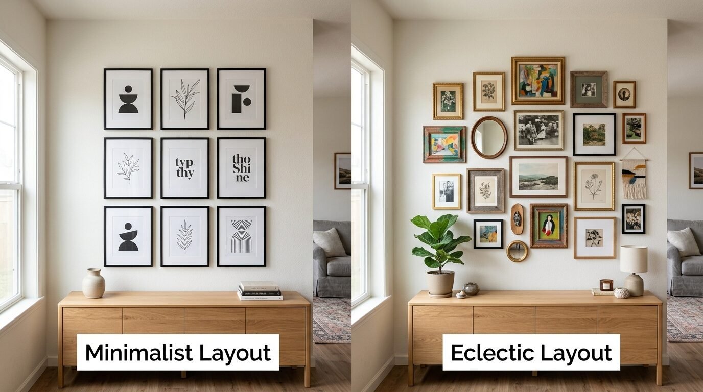 A side-by-side comparison of a symmetric black and white art grid and an eclectic gallery wall above wooden cabinets.