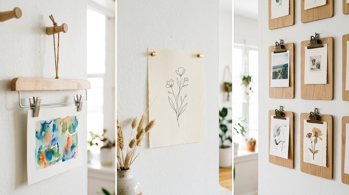 Close-up of three different wall arrangements featuring watercolor prints, line art, and photos on wooden clips.