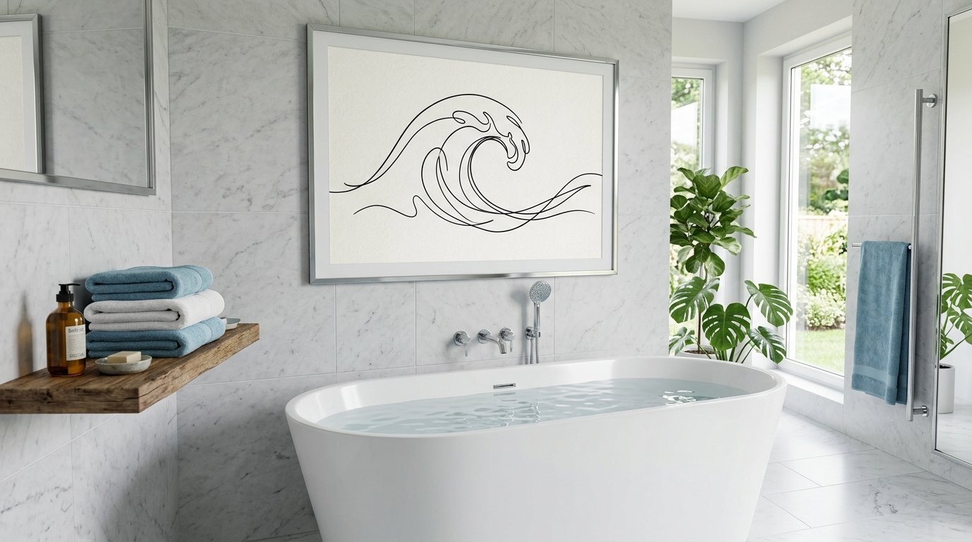 Modern white marble bathroom with a bathtub and a continuous line art ocean wave print on the wall.