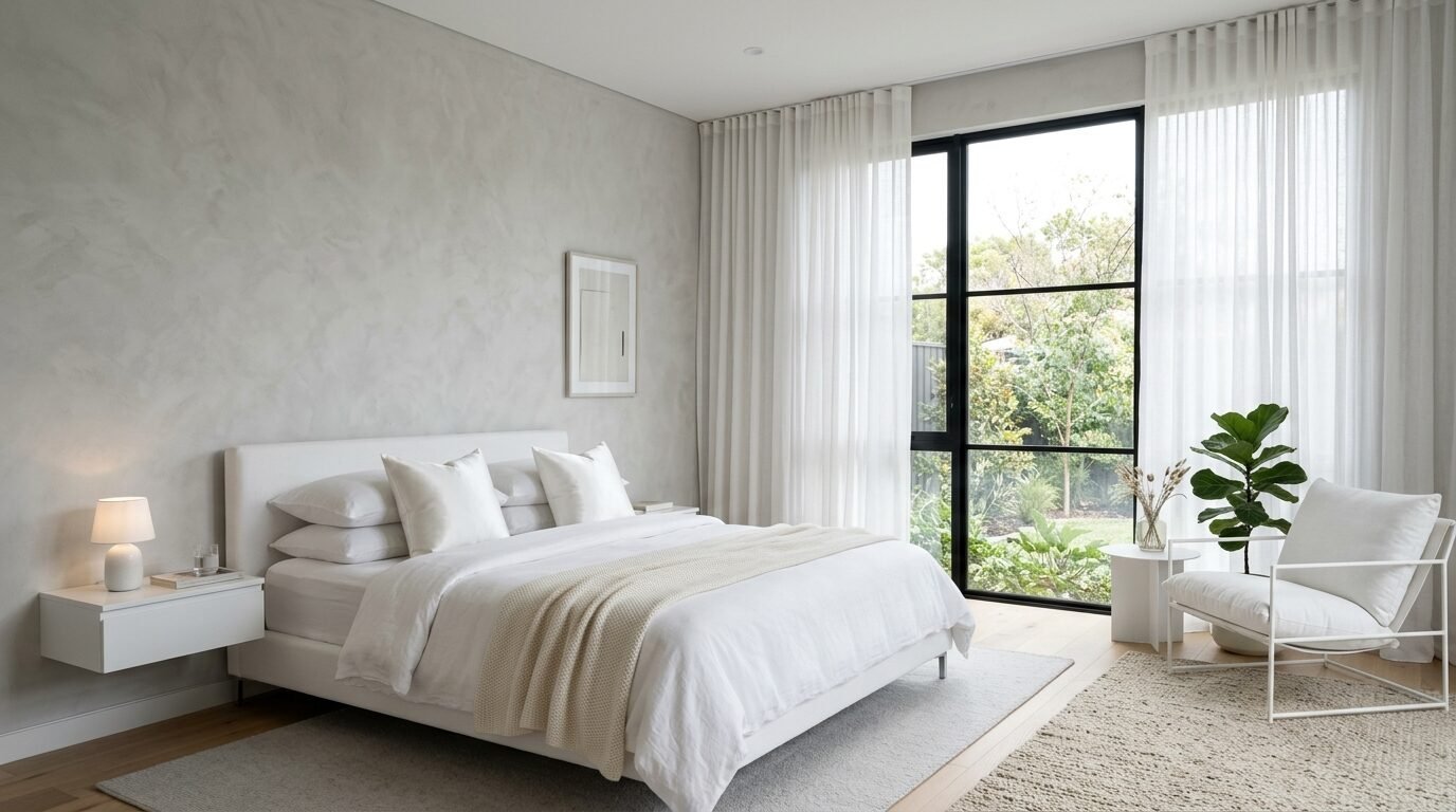 Modern bright bedroom with a white upholstered bed, textured plaster walls, and a large black-framed window.